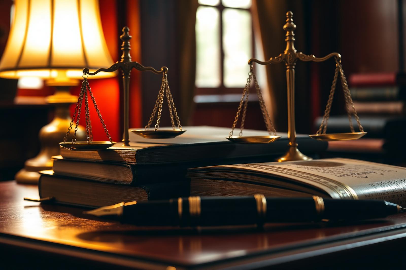 Legal chambers with scales of justice, antique law books and a fountain pen