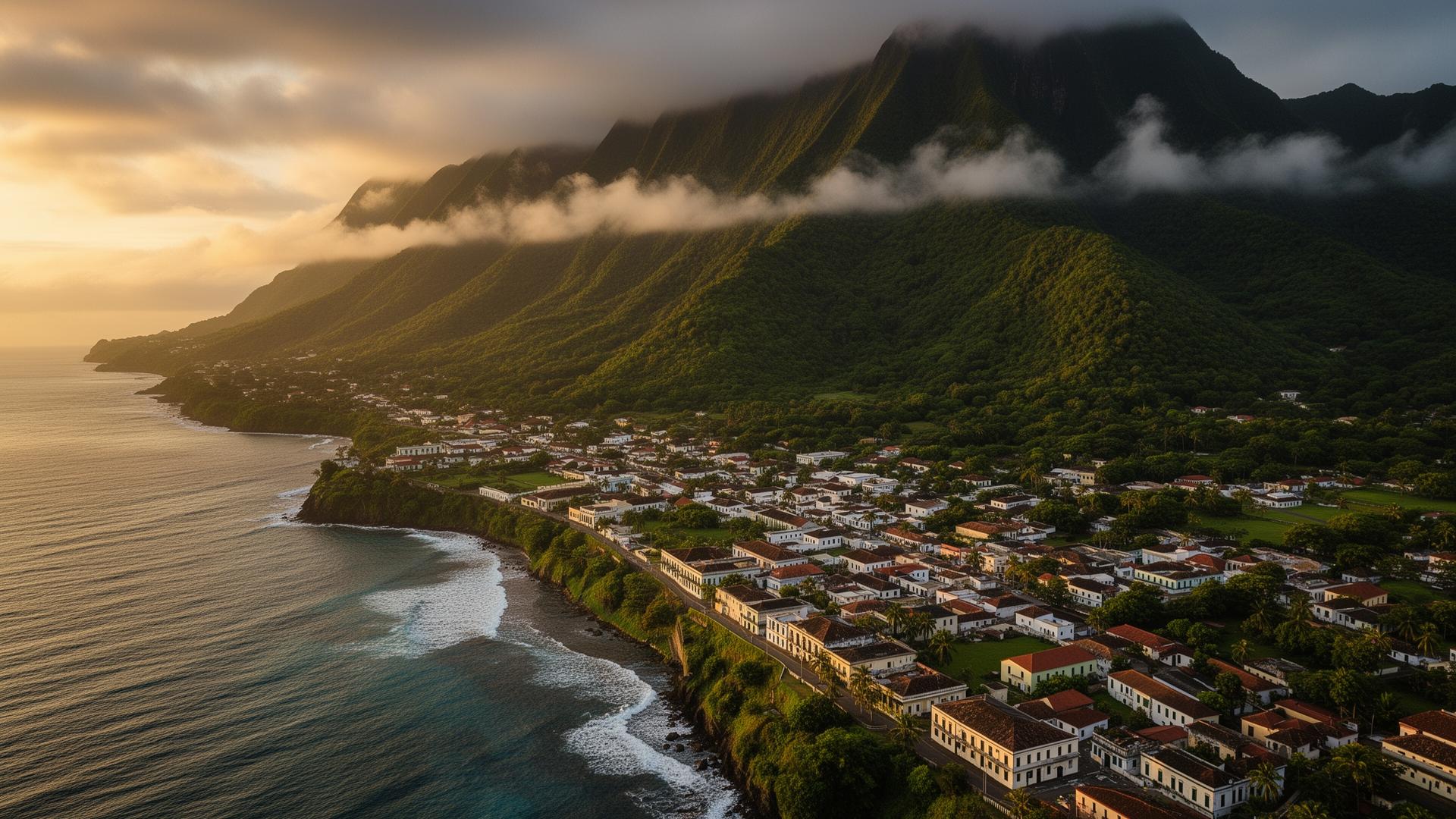 Roseau, Dominica at golden hour with volcanic mountains meeting the Caribbean Sea